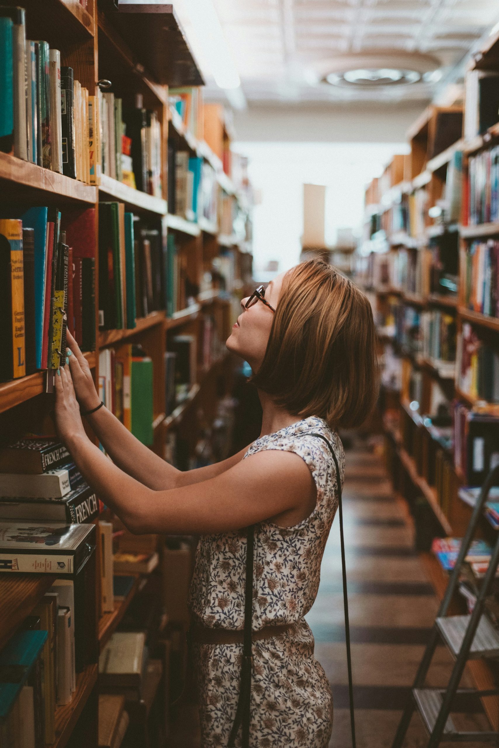 Library with tall bookshelves
